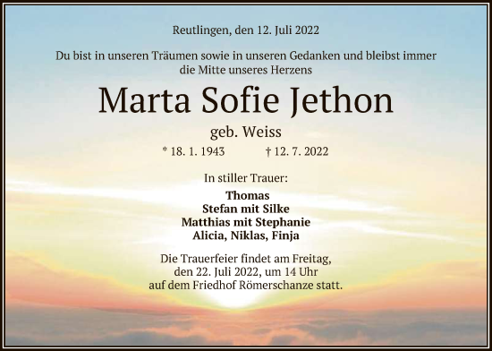 Anzeige von Marta Sofie Jethon von Reutlinger General-Anzeiger