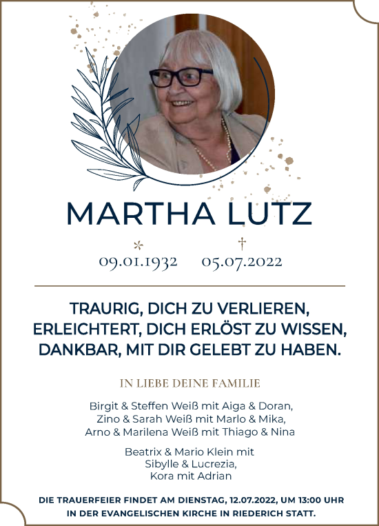 Anzeige von Martha Lutz von Reutlinger General-Anzeiger