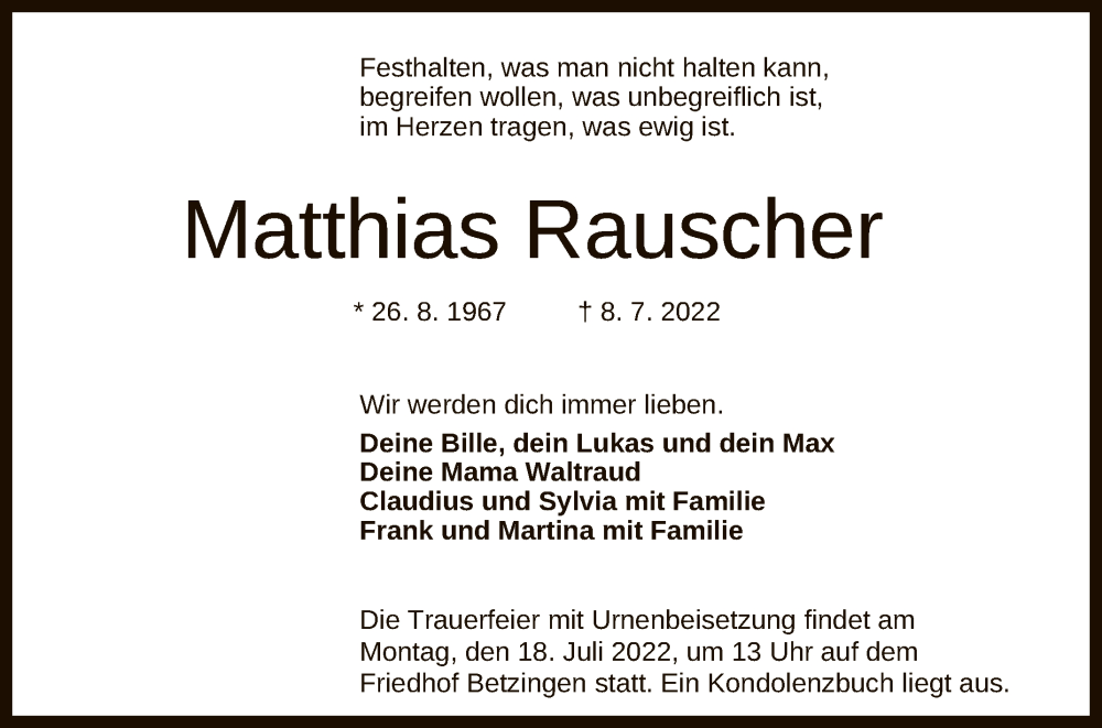  Traueranzeige für Matthias Rauscher vom 14.07.2022 aus Reutlinger General-Anzeiger