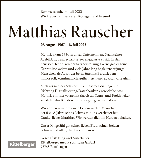 Anzeige von Matthias Rauscher von Reutlinger General-Anzeiger