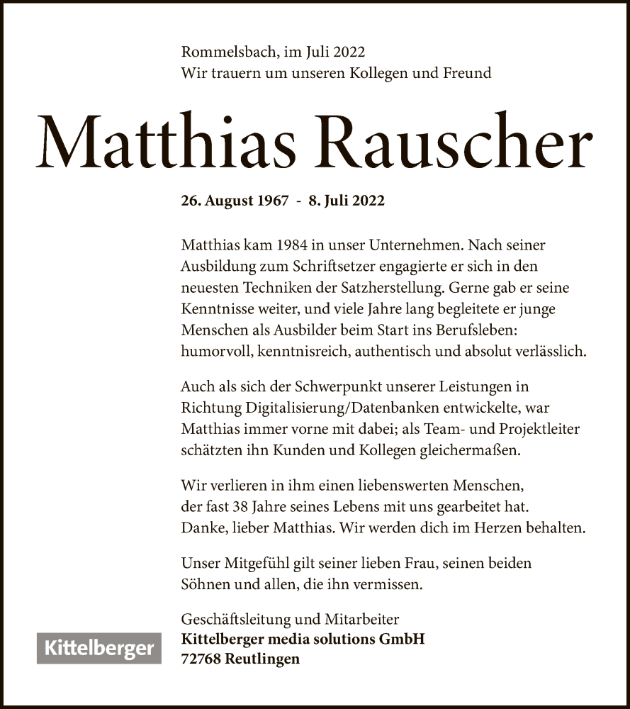  Traueranzeige für Matthias Rauscher vom 15.07.2022 aus Reutlinger General-Anzeiger