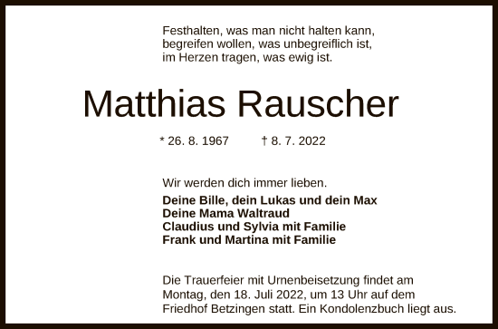 Anzeige von Matthias Rauscher von Reutlinger General-Anzeiger