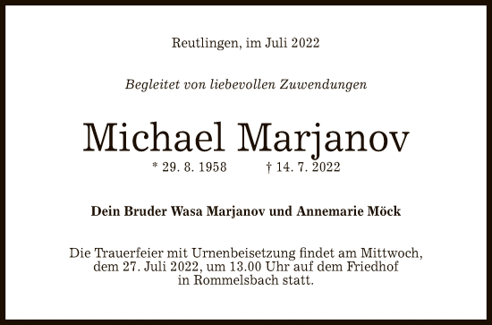 Anzeige von Michael Marjanov von Reutlinger General-Anzeiger