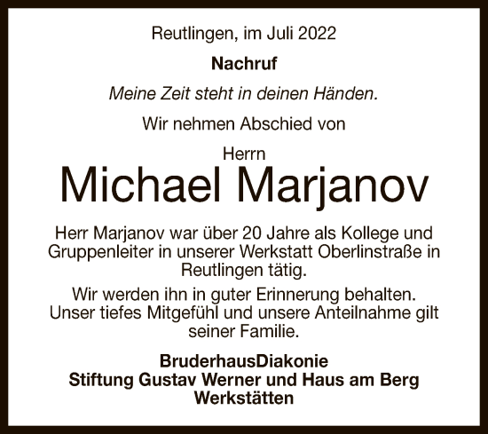 Anzeige von Michael Marjanov von Reutlinger General-Anzeiger