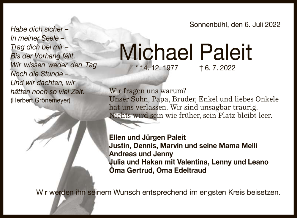  Traueranzeige für Michael Paleit vom 09.07.2022 aus Reutlinger General-Anzeiger