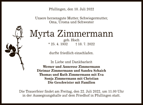 Anzeige von Myrta Zimmermann von Reutlinger General-Anzeiger