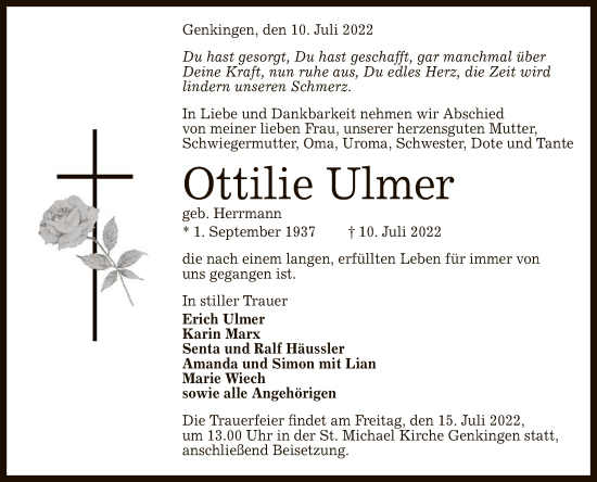 Anzeige von Ottilie Ulmer von Reutlinger General-Anzeiger