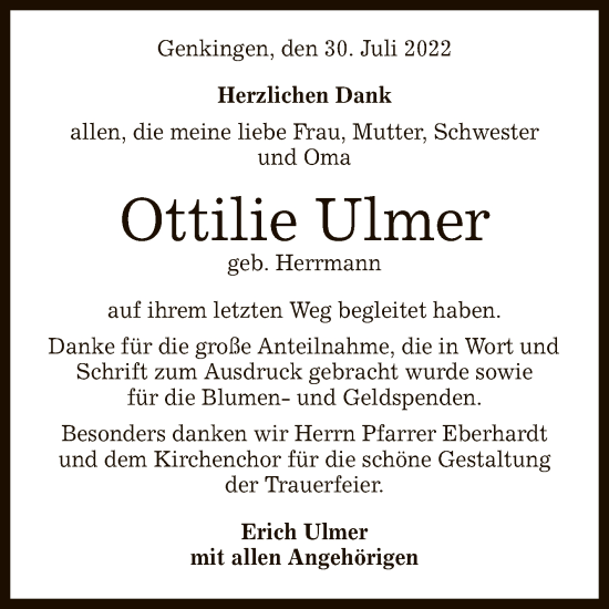 Anzeige von Ottilie Ulmer von Reutlinger General-Anzeiger