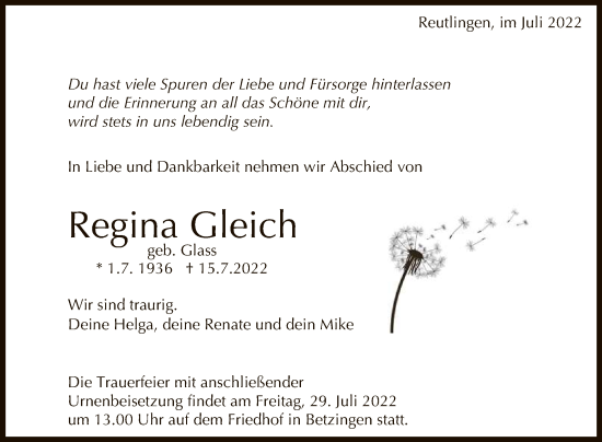Anzeige von Regina Gleich von Reutlinger General-Anzeiger