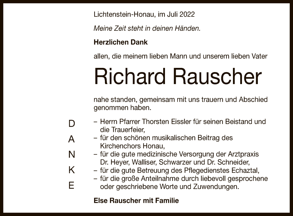 Traueranzeige für Richard Rauscher vom 09.07.2022 aus Reutlinger General-Anzeiger