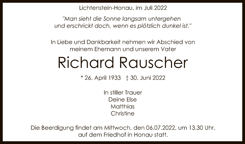  Traueranzeige für Richard Rauscher vom 05.07.2022 aus Reutlinger General-Anzeiger