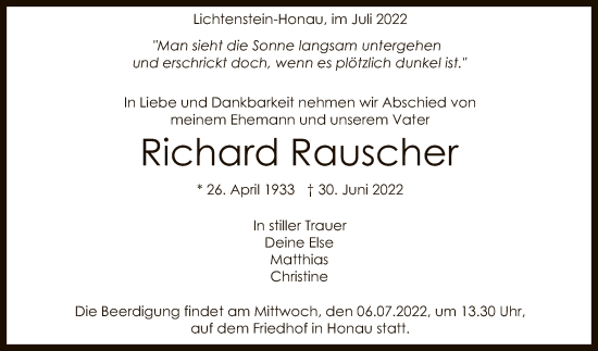 Anzeige von Richard Rauscher von Reutlinger General-Anzeiger