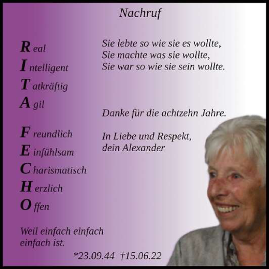 Anzeige von Rita Fecho von Reutlinger General-Anzeiger