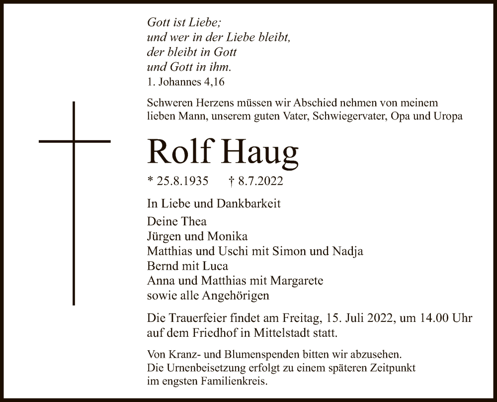  Traueranzeige für Rolf Haug vom 13.07.2022 aus Reutlinger General-Anzeiger