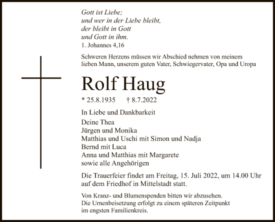 Anzeige von Rolf Haug von Reutlinger General-Anzeiger