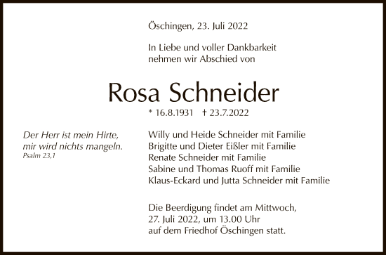 Anzeige von Rosa Schneider von Reutlinger General-Anzeiger