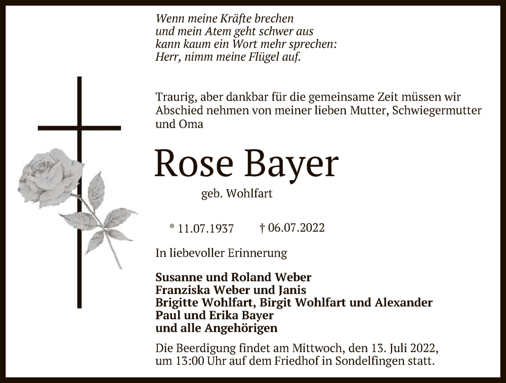  Traueranzeige für Rose Bayer vom 09.07.2022 aus Reutlinger General-Anzeiger