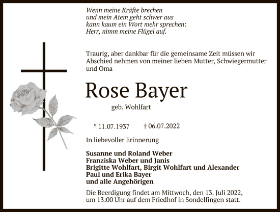 Anzeige von Rose Bayer von Reutlinger General-Anzeiger