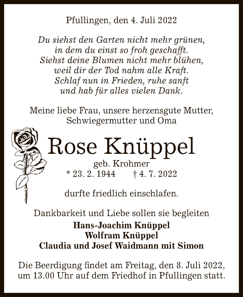  Traueranzeige für Rose Knüppel vom 06.07.2022 aus Reutlinger General-Anzeiger