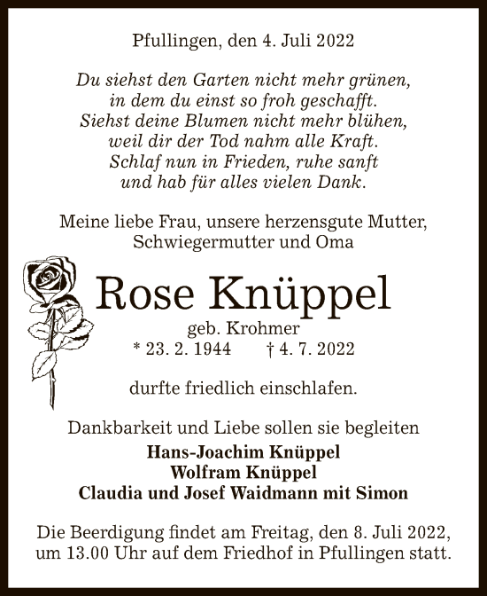 Anzeige von Rose Knüppel von Reutlinger General-Anzeiger