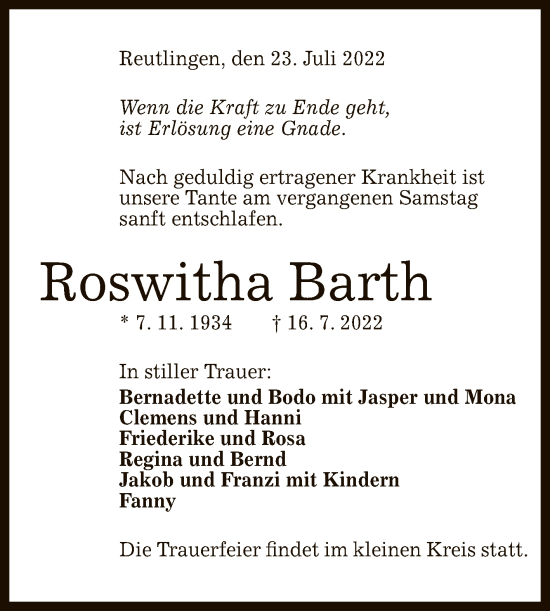 Anzeige von Roswitha Barth von Reutlinger General-Anzeiger