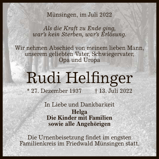 Anzeige von Rudi Helfinger von Reutlinger General-Anzeiger