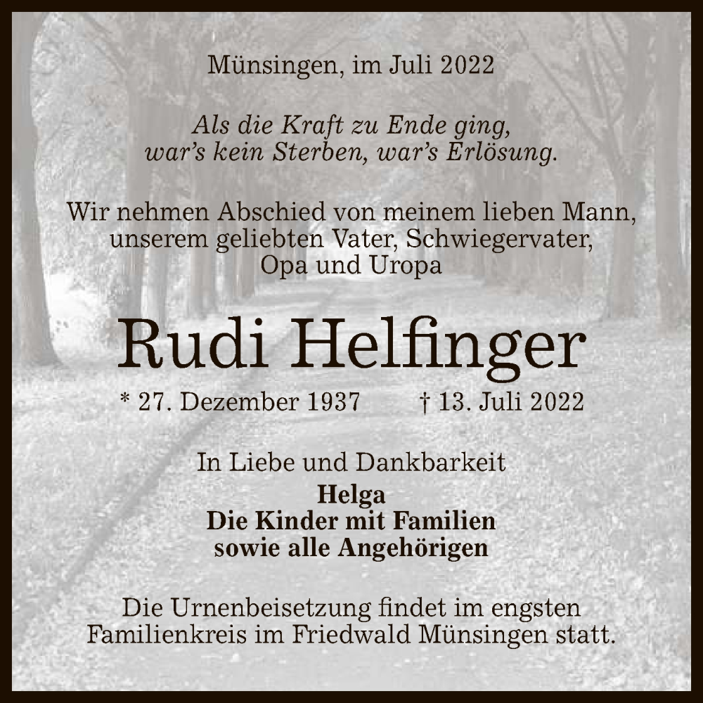  Traueranzeige für Rudi Helfinger vom 16.07.2022 aus Reutlinger General-Anzeiger