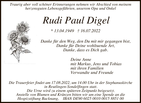 Anzeige von Rudi Paul Digel von Reutlinger General-Anzeiger