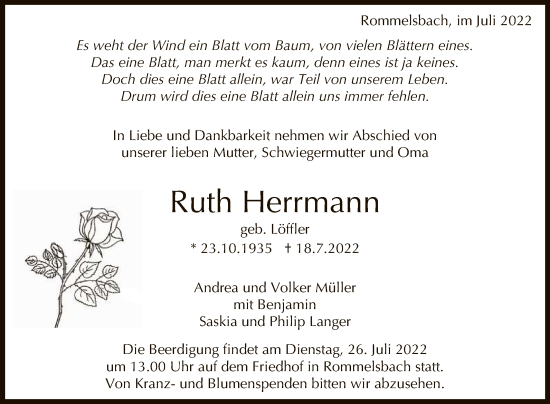 Anzeige von Ruth Herrmann von Reutlinger General-Anzeiger