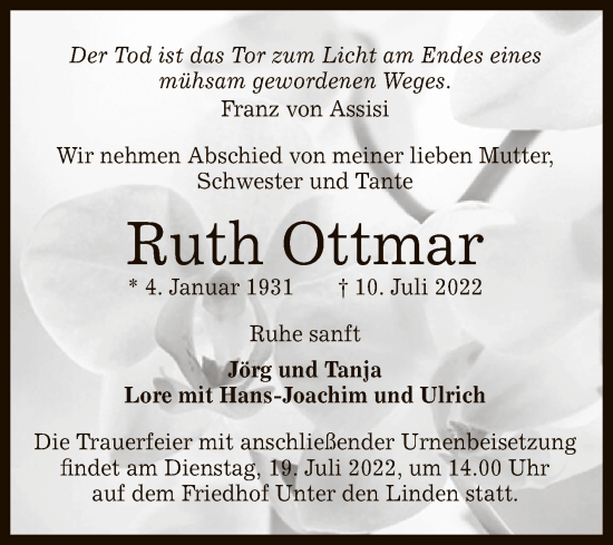 Anzeige von Ruth Ottmar von Reutlinger General-Anzeiger