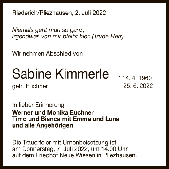 Anzeige von Sabine Kimmerle von Reutlinger General-Anzeiger