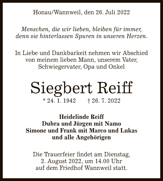 Anzeige von Siegbert Reiff von Reutlinger General-Anzeiger