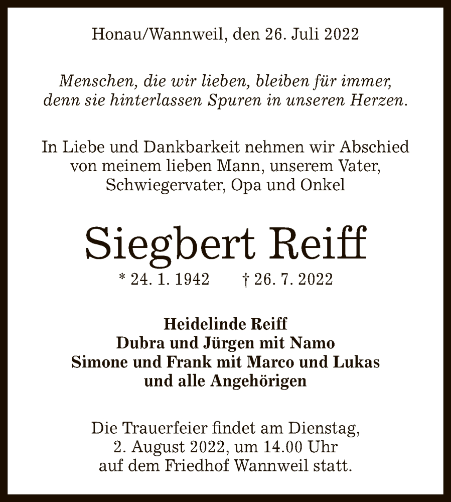  Traueranzeige für Siegbert Reiff vom 30.07.2022 aus Reutlinger General-Anzeiger