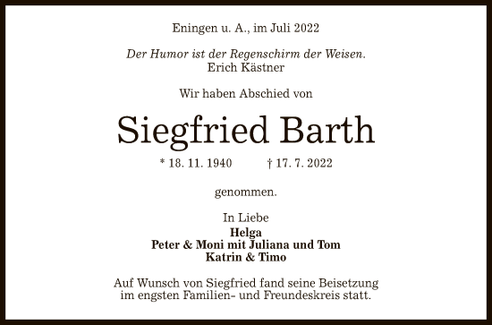 Anzeige von Siegfried Barth von Reutlinger General-Anzeiger