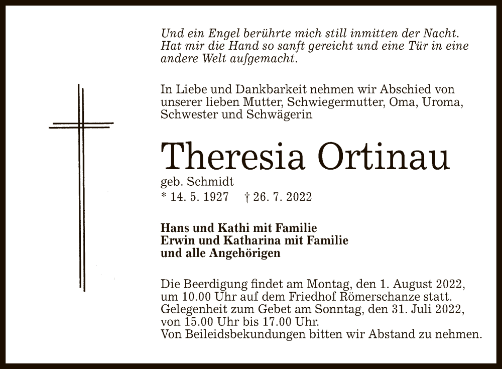  Traueranzeige für Theresia Ortinau vom 29.07.2022 aus Reutlinger General-Anzeiger