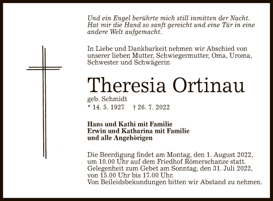 Anzeige von Theresia Ortinau von Reutlinger General-Anzeiger