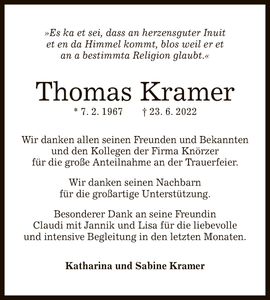 Anzeige von Thomas Kramer von Reutlinger General-Anzeiger