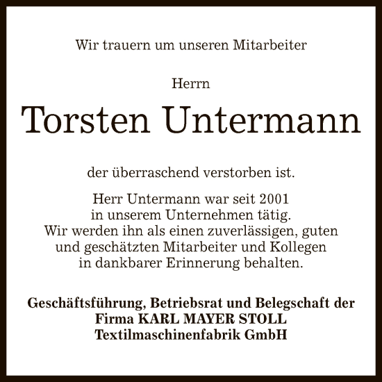 Anzeige von Torsten Untermann von Reutlinger General-Anzeiger