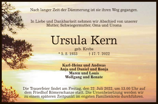Anzeige von Ursula Kern von Reutlinger General-Anzeiger
