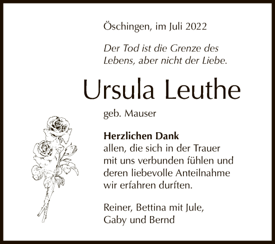 Anzeige von Ursula Leuthe von Reutlinger General-Anzeiger