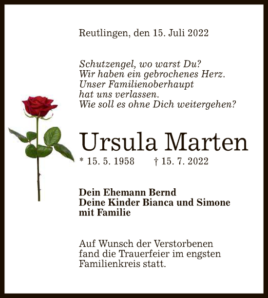 Anzeige von Ursula Marten von Reutlinger General-Anzeiger