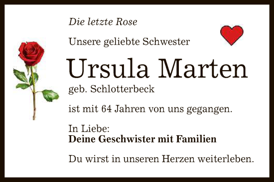 Anzeige von Ursula Marten von Reutlinger General-Anzeiger