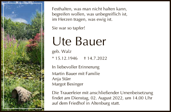 Anzeige von Ute Bauer von Reutlinger General-Anzeiger