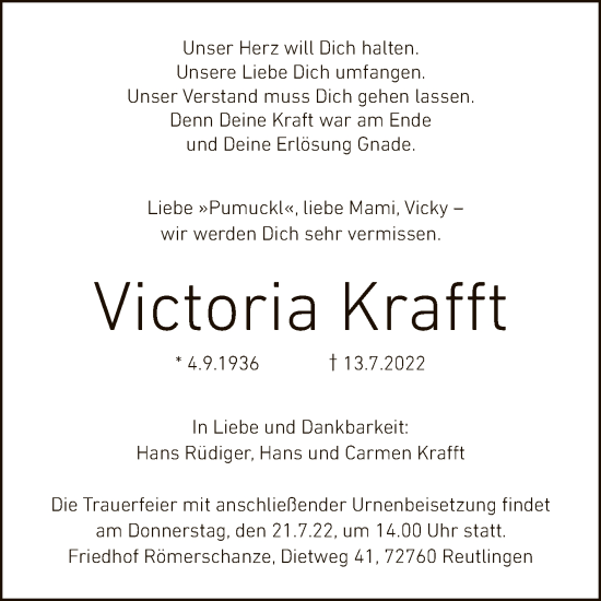 Anzeige von Victoria Krafft von Reutlinger General-Anzeiger