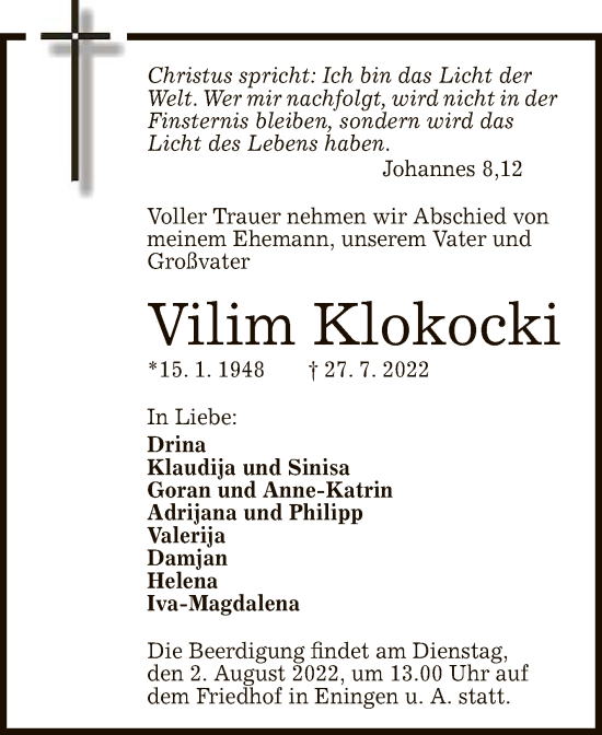 Anzeige von Vilim Klokocki von Reutlinger General-Anzeiger