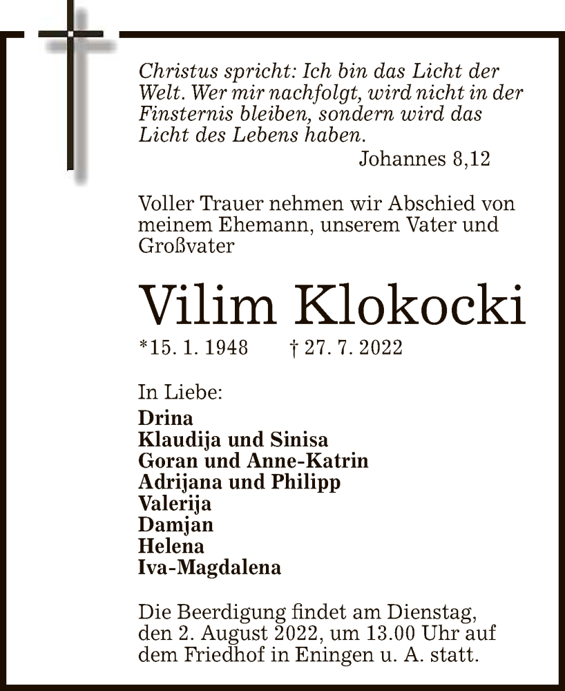  Traueranzeige für Vilim Klokocki vom 29.07.2022 aus Reutlinger General-Anzeiger