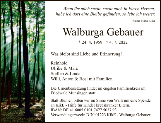 Anzeige von Walburga Gebauer von Reutlinger General-Anzeiger