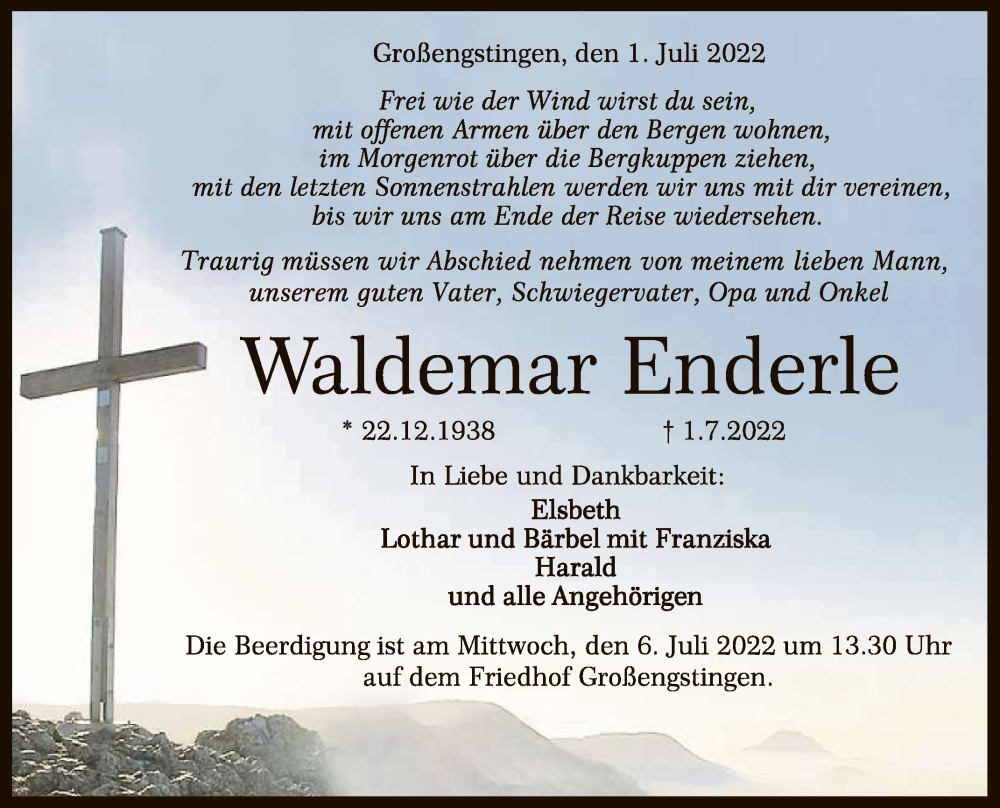  Traueranzeige für Waldemar Enderle vom 05.07.2022 aus Reutlinger General-Anzeiger