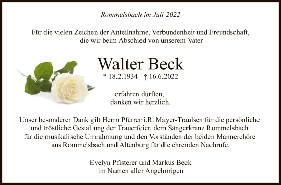 Anzeige von Walter Beck von Reutlinger General-Anzeiger