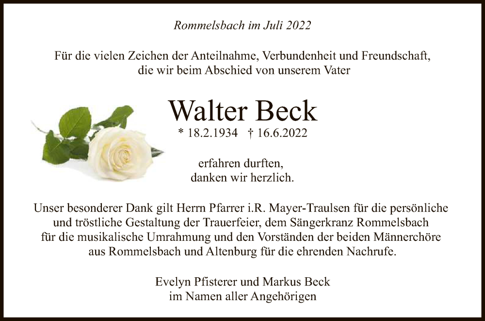  Traueranzeige für Walter Beck vom 23.07.2022 aus Reutlinger General-Anzeiger